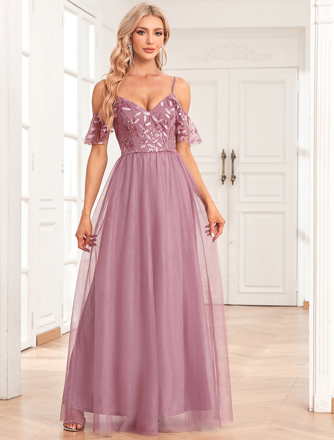 A-Linien-Abendkleid, elegantes Kleid, Abendparty, bodenlang, ärmellos, Spaghettiträger, Brautjungfernkleid, Tüll, V-Rücken mit Paillettenstickerei